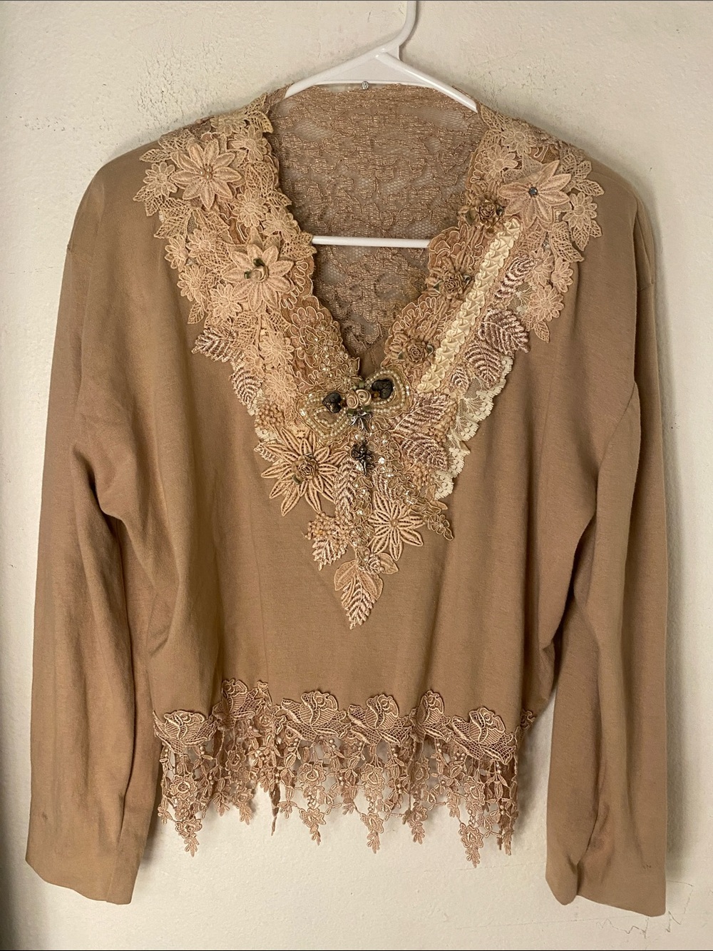 Embellished Lace V-Neck Blouse in Camel 💯 cotton made in the USA
